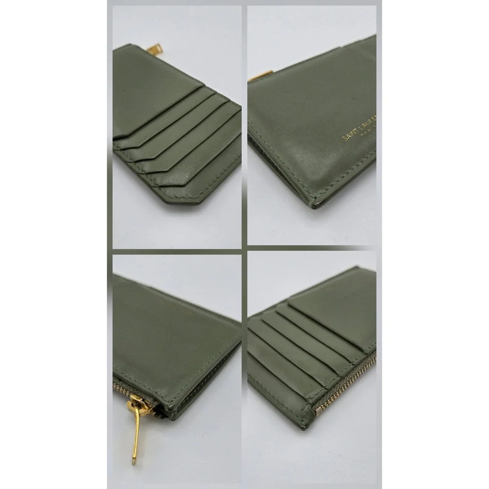 Saint Laurent Fragments Zipped Card Case Sage Green Leather Gold Hardware Italy
